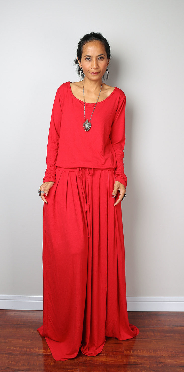 Red Dress - Long Sleeved Red Maxi dress ...